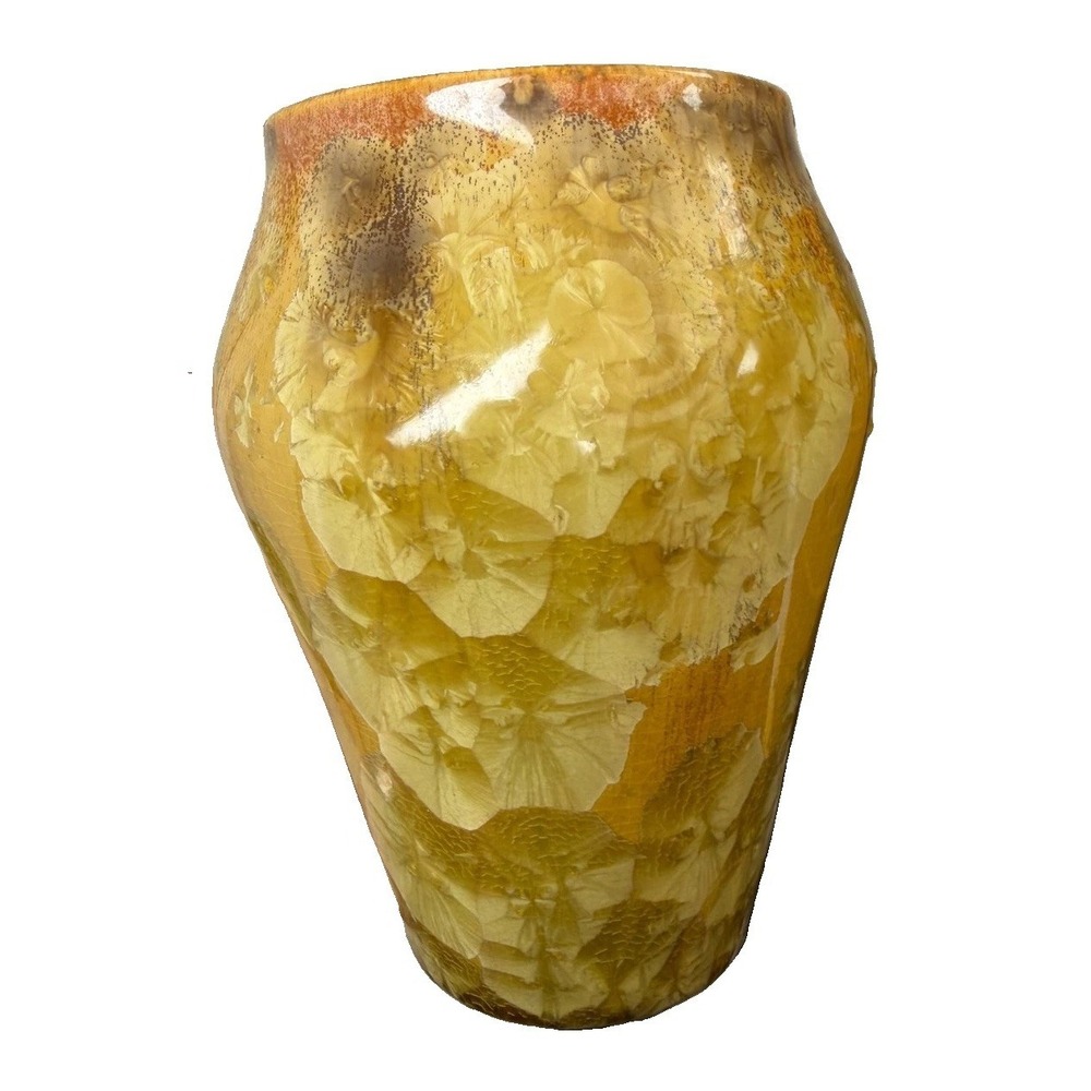Signed Ken Baker Crystalline Glaze‎ Studio Pottery Art Vase Mustard Yellow MCM